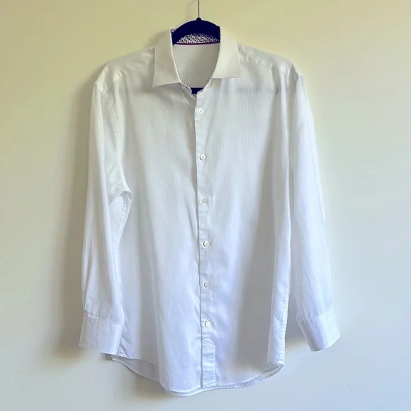 bugatchi white dress shirt BUGATCHI Mens Small Button Up Shirt White Stripe Contrast Cuffs Shaped Fit
